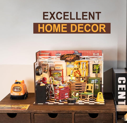 ROBOTIME DIY Miniature Garage Workshop with Light – Wooden Dollhouse Model Kit