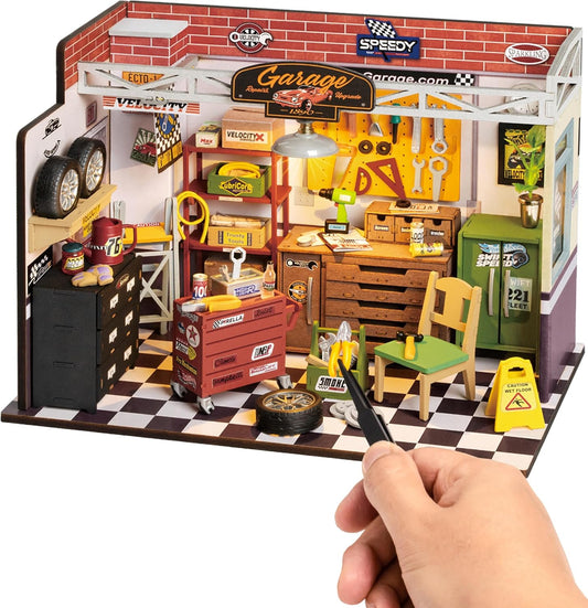 ROBOTIME DIY Miniature Garage Workshop with Light – Wooden Dollhouse Model Kit